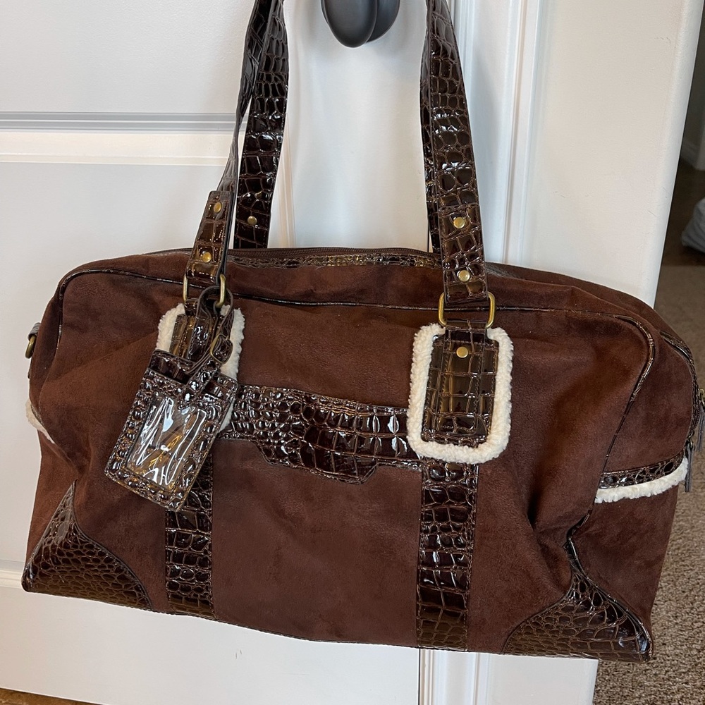 New! Brown suede crocodile leather overnight bag